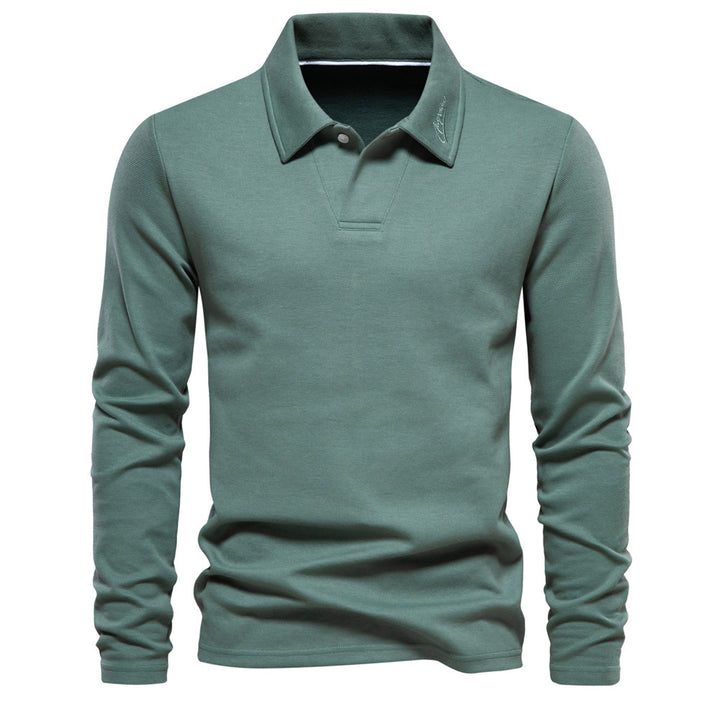 Herrer langærmet polo shirt med åben V-hals, smal pasform og tone-i-tone kravebroderi Skovae