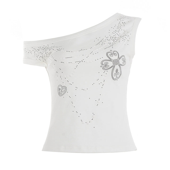 Damen asymmetrisches Tanktop mit stylischem Druck und verzierten Applikationen Skovae