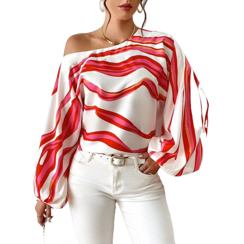 Femme Off-Shoulder Satinbluse med kraftigt stribemønster Stilla