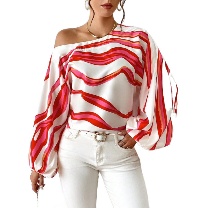 Femme Off-Shoulder Satinbluse med kraftigt stribemønster Stilla