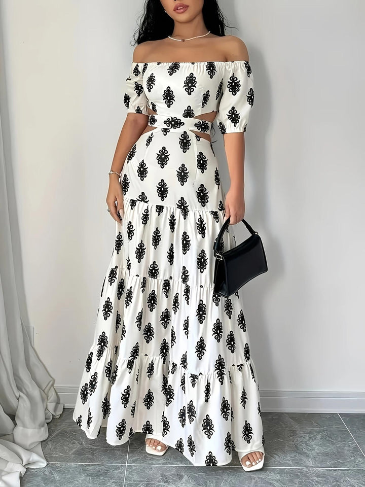 Dame maxikjole med off-shoulder-udskæring og mokkasiner Stilla
