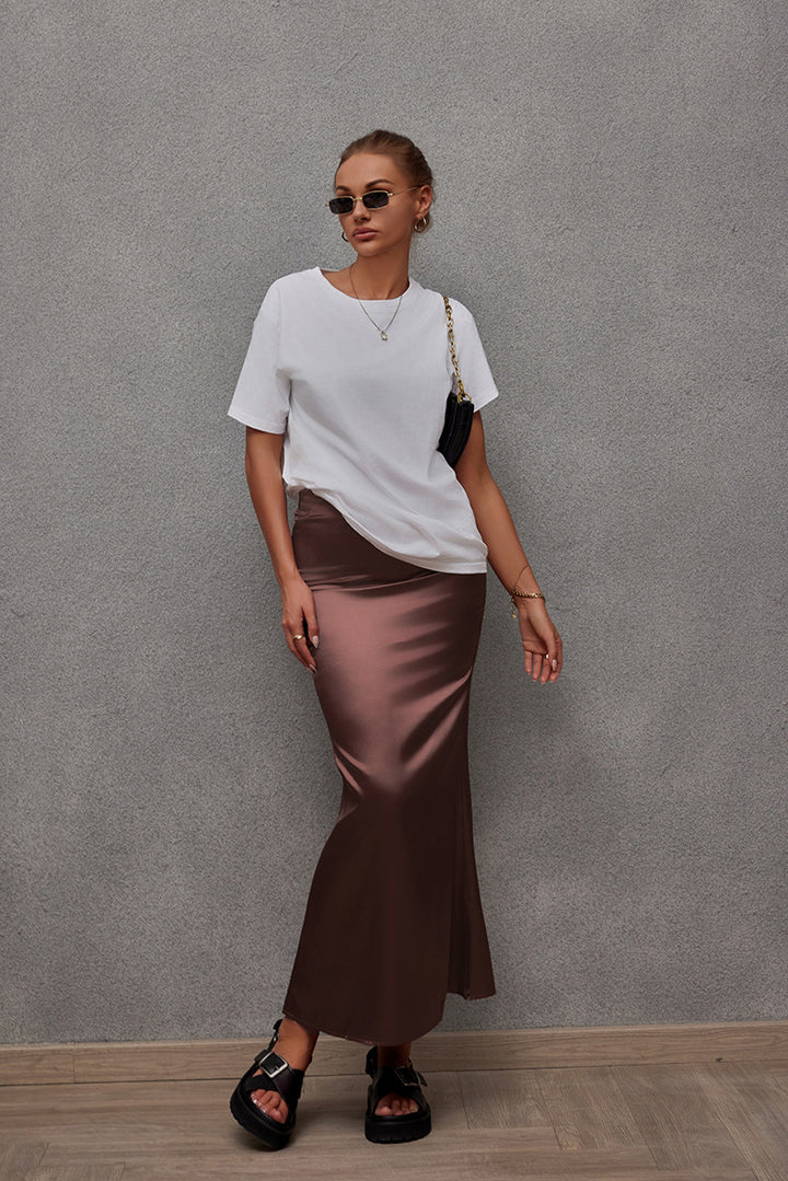 Dame Elegant Maxi Skirt i skinnende satin med høj slids Skovae