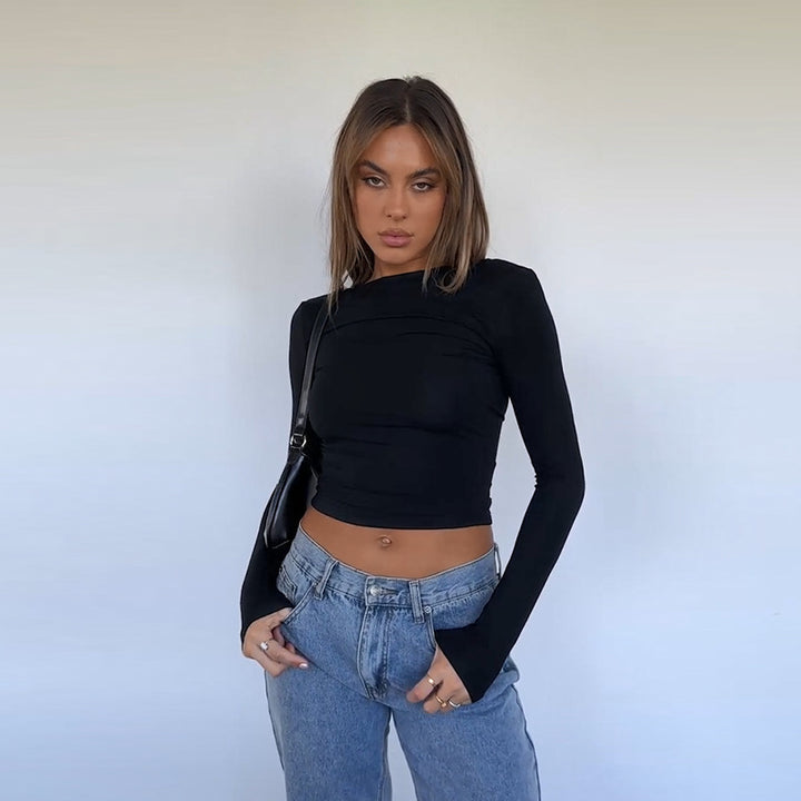 Dame elegant Crop-Top med asymmetrisk rynkning Skovae