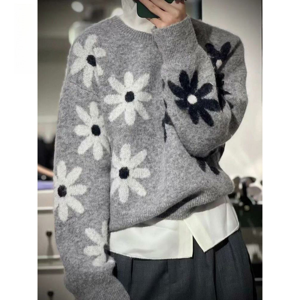 Kvinders strikket sweater med blomstret mønster og afslappet pasform Stilla