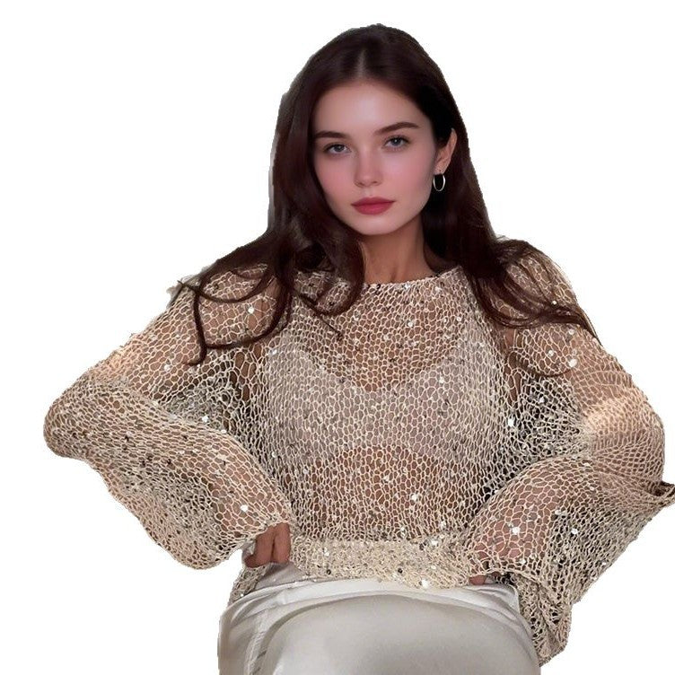 Dame afslappet strikbluse med gennemsigtigt design Skovae
