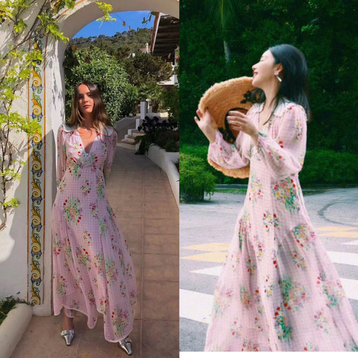 Dame maxikjole med fine blomster mønstre og elegant V-udskæring Stilla