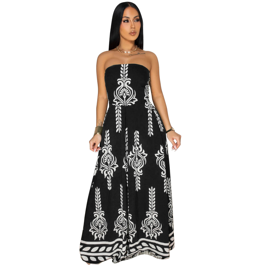 Dame Maxi-kjole med elegant skulderfri design og iøjnefaldende print Stilla