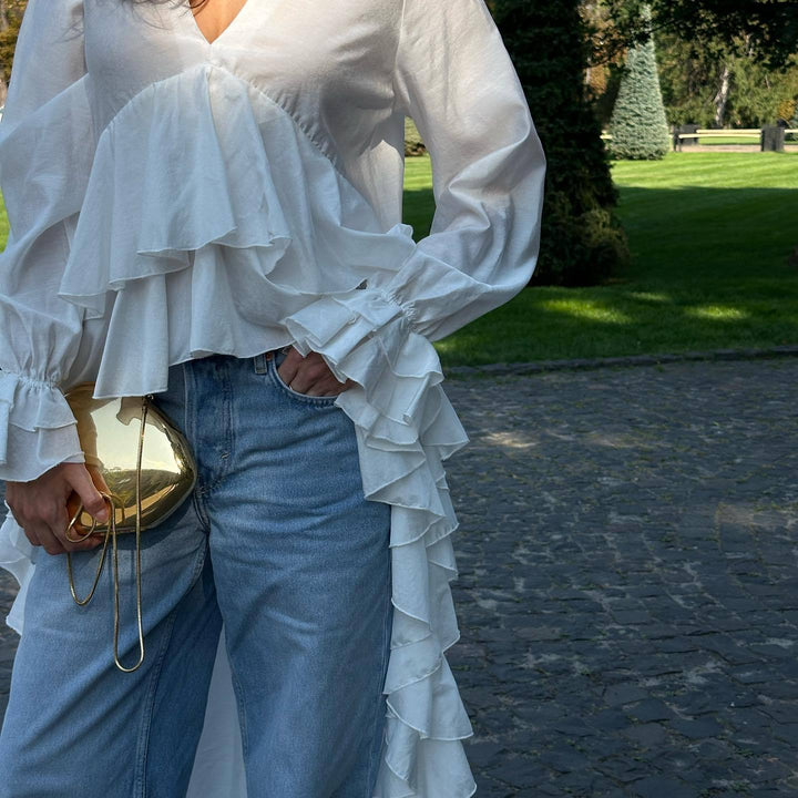 Dame Rynkebluse med voluminøse ærmer og asymmetrisk søm Stilla