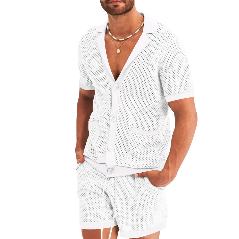 Herrer nan åben netstrik-cardigan med matchende snortræk-shorts Skovae