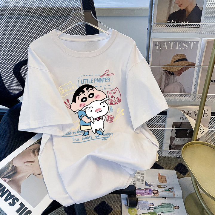 Dame T-shirt med kunstnerisk cartoon-tryk og behagelig pasform Stilla
