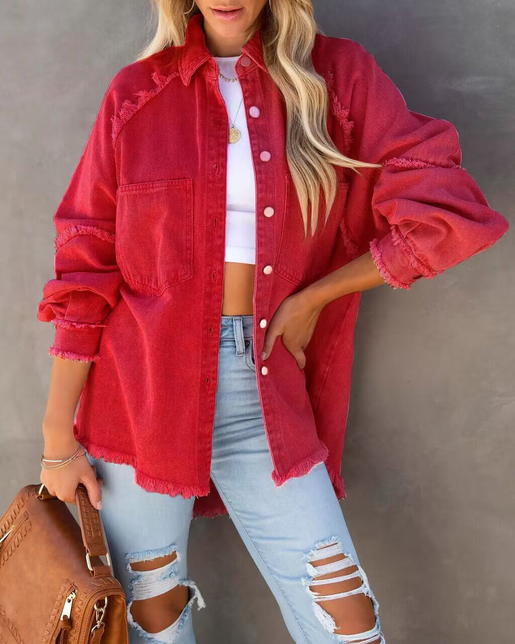 Kvinder Oversized Denim Skjorte med Frynser Stilla