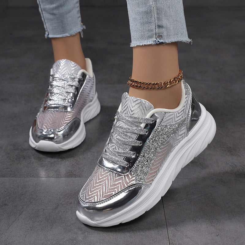 Damer nan glamourøs iøjnefaldende sneakers med glitrende paneler, jacquardvævet overdel og ergonomisk bølgesål Skovae
