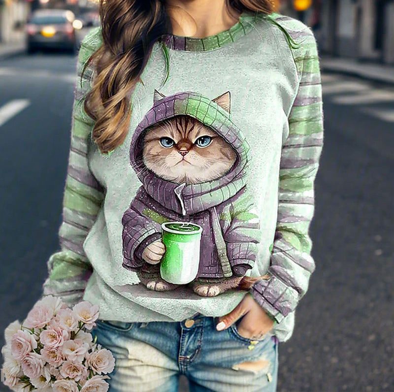 Damer med afslappet sweatshirt med stort kattefrontprint og stribede raglanærmer Skovae