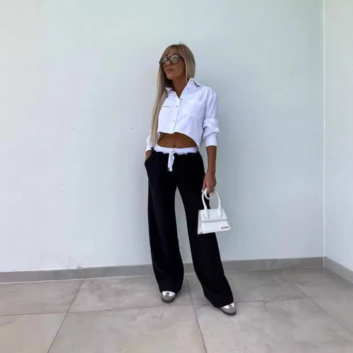 Dame afslappet cropped bluse med brede bukser stil