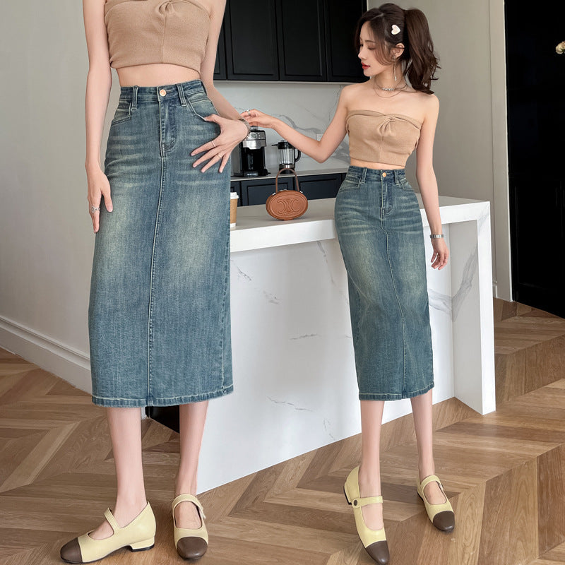 Damer Lang Denim Nederdel med Front Slids Stilla