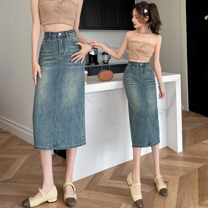 Damer Lang Denim Nederdel med Front Slids Stilla