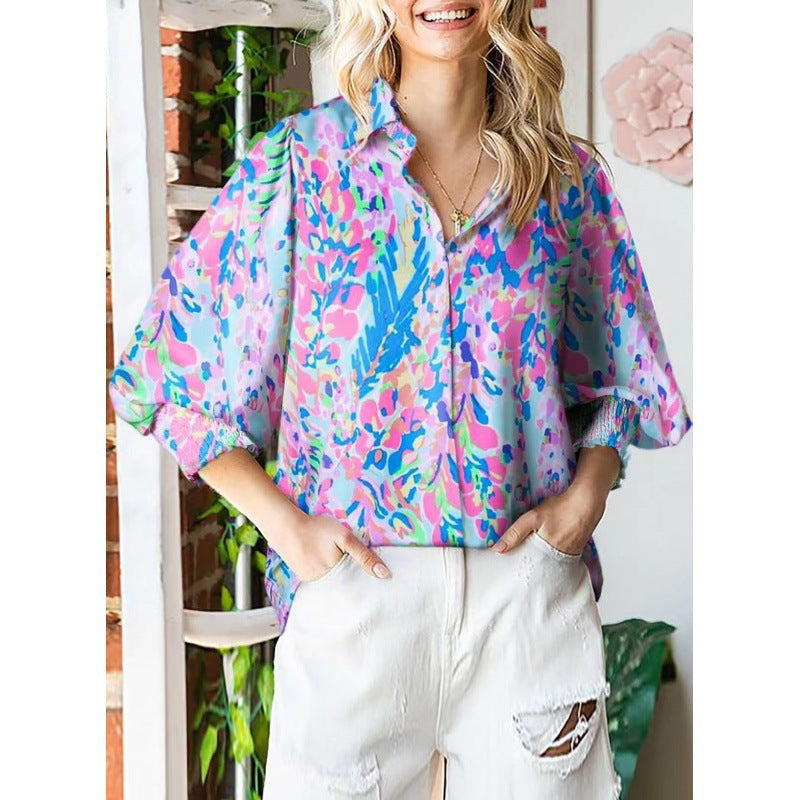 Dame Floral Print Button-Up Bluse Stilla