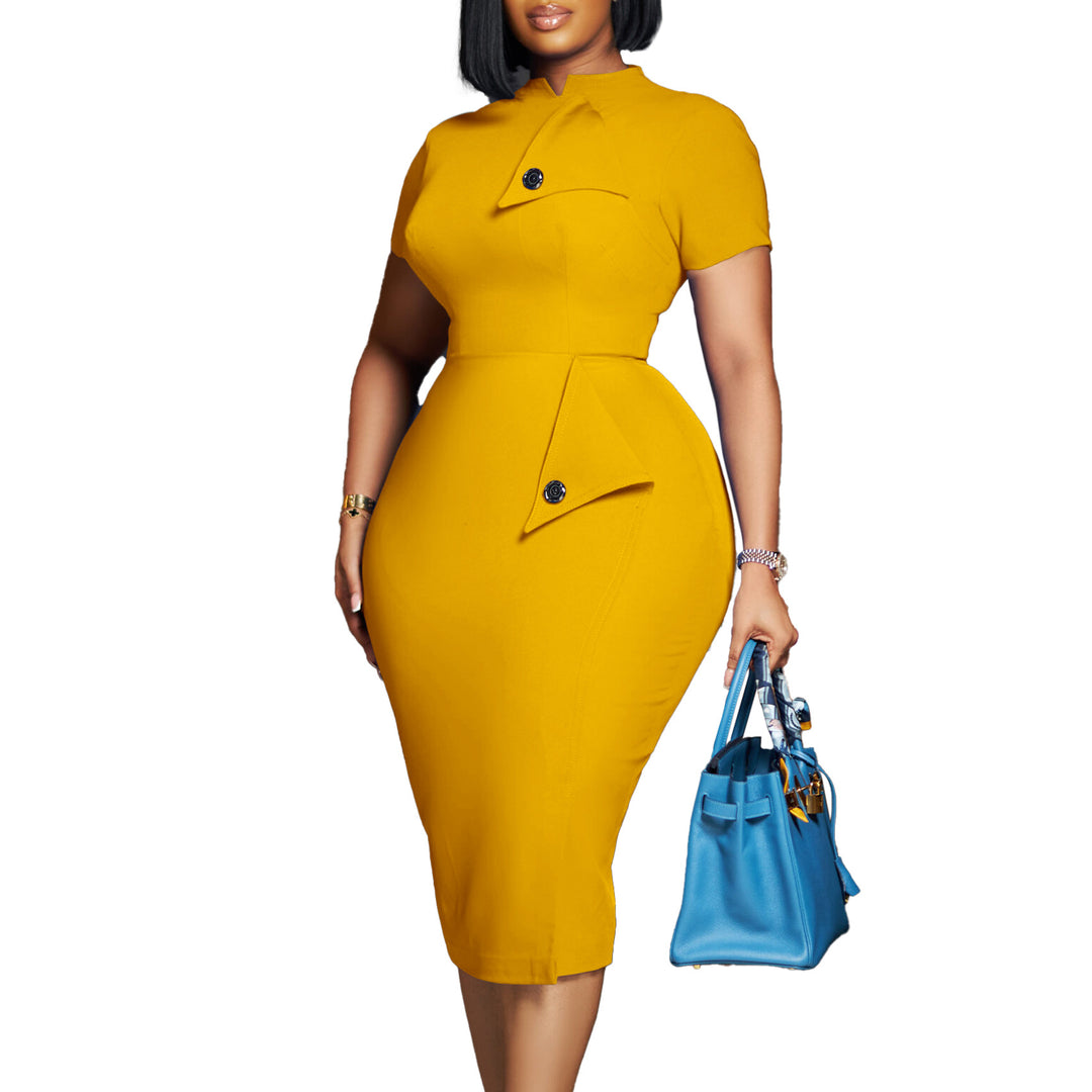 Dame elegant pencil dress med asymmetrisk detalje og højstående krave Stilla