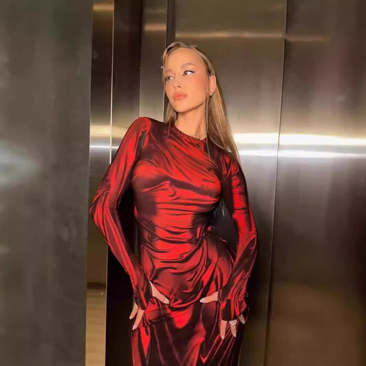 Damer Elegant Langærmet Kjole lavet af skinnende Stof Stilla