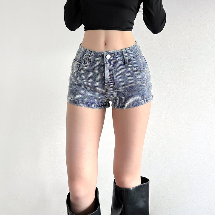 Dame Glitrende Denim-Shorts med glitrende accenter Skovae