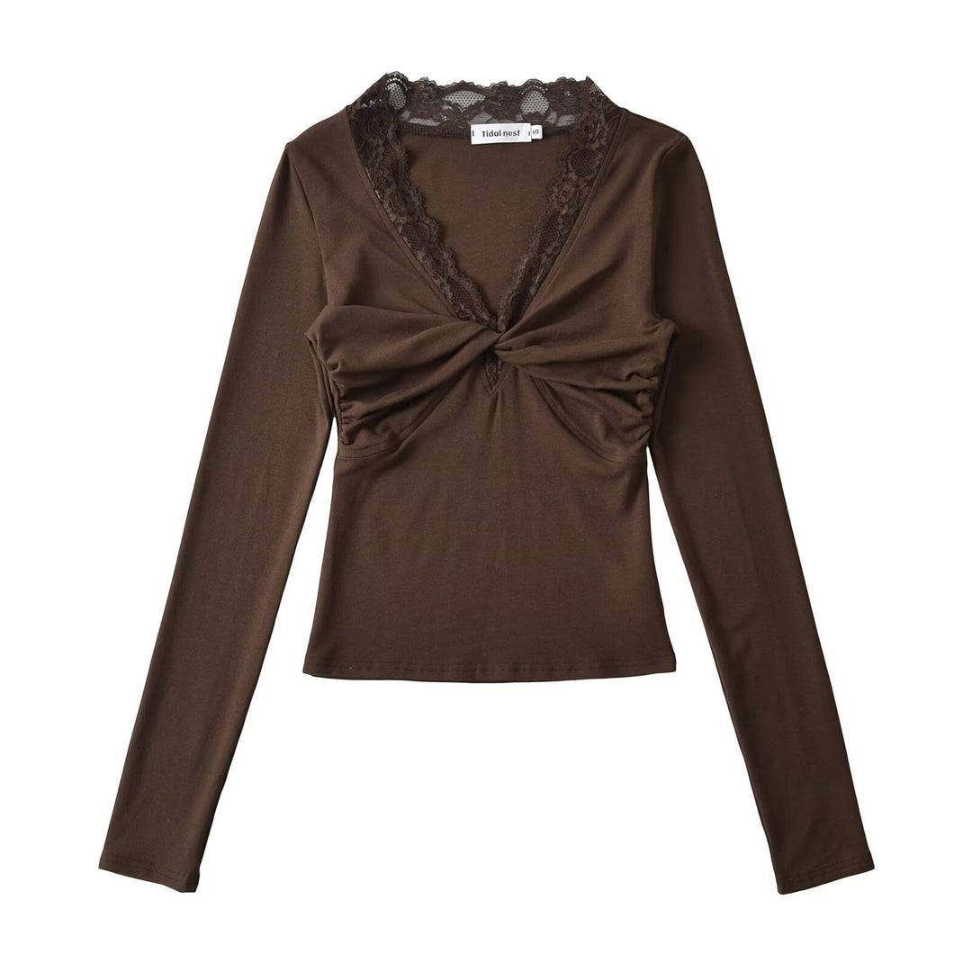 Dame langærmet top med raffineret V-udskæring og romantisk spidsbesætning Stilla