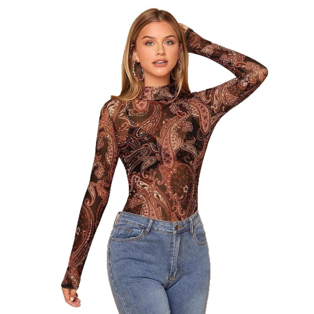 Dame nan figurbetonede halvtransparente Paisley-Meshshirt med ståkrave og lange ærmer Skovae