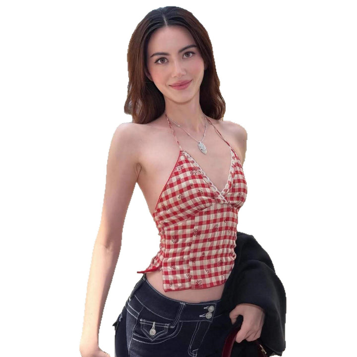 Dame Tartan-Bikini-top i vintage stil med spaghetti stropper og ekstra blomster mønster Skovae