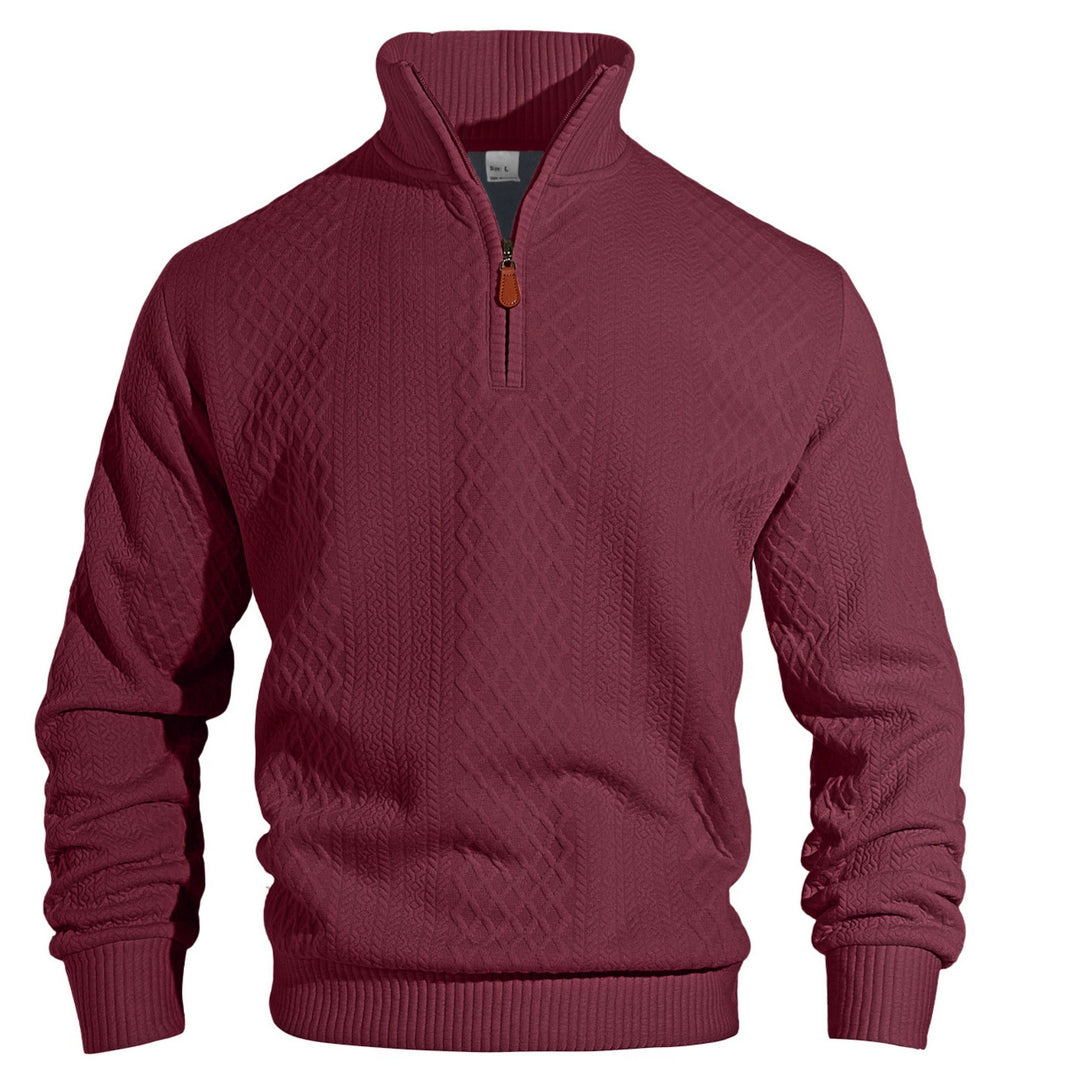 Herren nan finstruktureret halvzip-sweater i jacquard-relief med høj ståkrave og læder-zipper Skovae