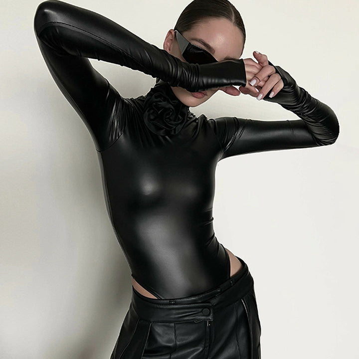 Dame Elegant Bodystocking med blomsterdetaljer og høj krave Stilla