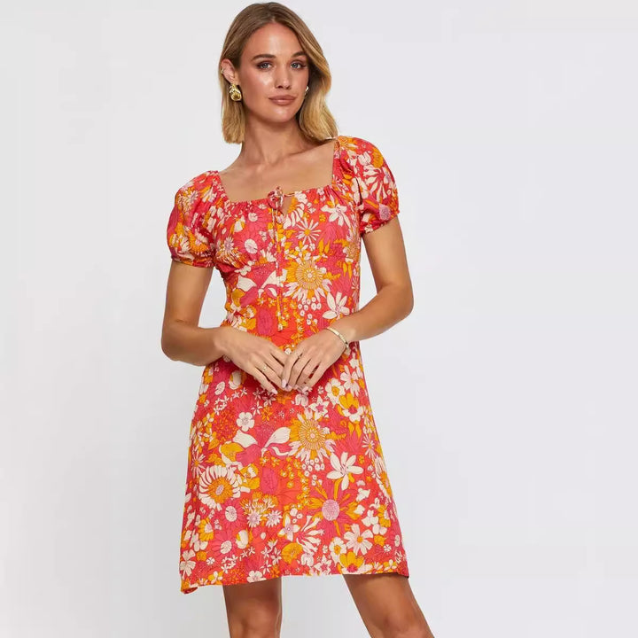 Dame Floral A-linje Mini Kjole med Puffærmer Stilla