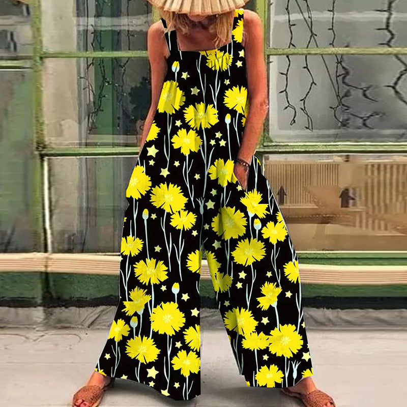 Dame Størrelse Jumpsuit med Blomster Mønster og Praktiske Lommer Skovae
