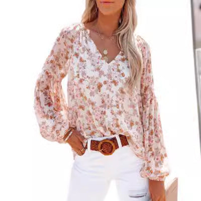 Dame bluse med blomster mønstre og V-hals Stilla
