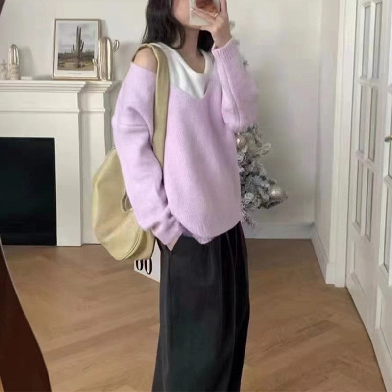 Kvinders afslappede sweater med en moderne V-hals og åbne skuldre Stilla