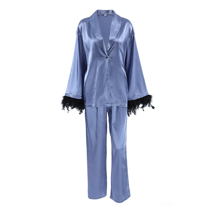 Dame satin casual lounge-sæt med elegante fjer Stilla
