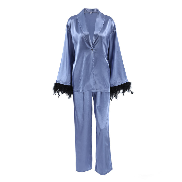 Dame satin casual lounge-sæt med elegante fjer Stilla