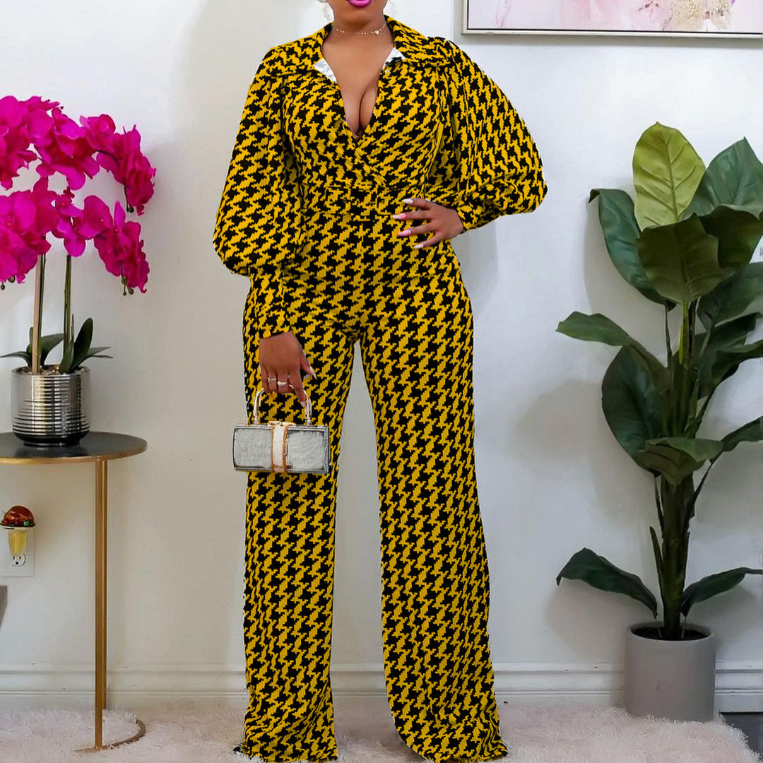 Dame jumpsuit med elegant hane-fremskridtmønster og vidde ben Stilla