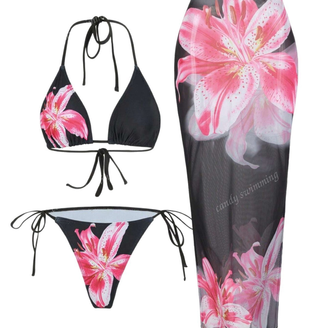 Dame Triangel-Bikini-Sæt med blomsterdesign og gennemsigtig Maxikjole Skovae