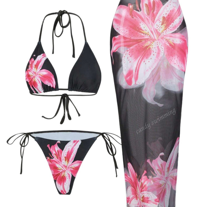 Dame Triangel-Bikini-Sæt med blomsterdesign og gennemsigtig Maxikjole Skovae