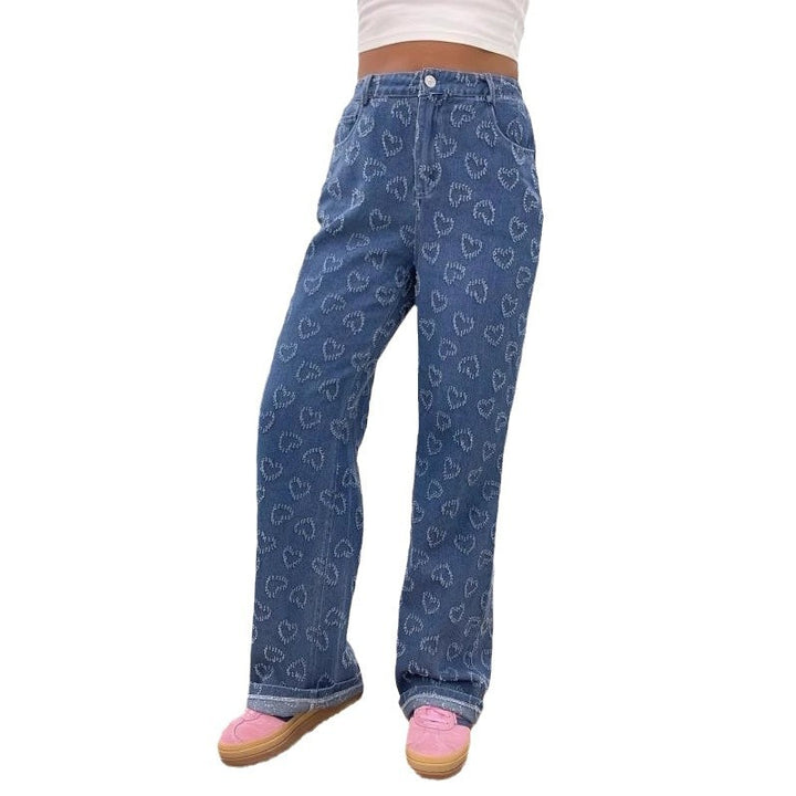 Dame brede jeans i legende hjerte-design Stilla