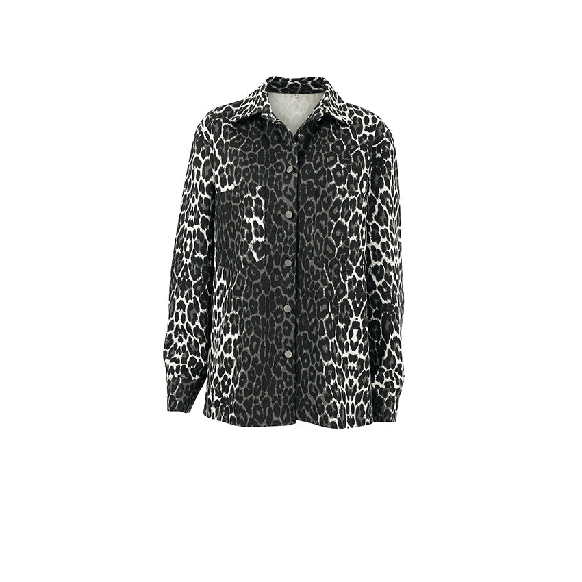Dame Lagdelte Jeansskjorte med Leopardmønster og Pålægslommer Stilla
