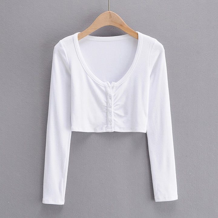 Dame cropped langærmet shirt med knapdetaljering og fin struktur Stilla