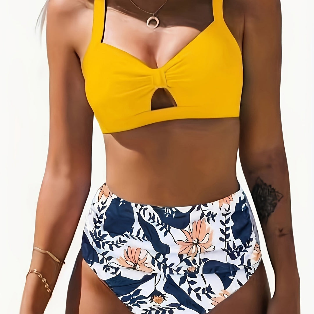 Dame bikini-sæt med blomster-høj talje og moderne knude Skovae