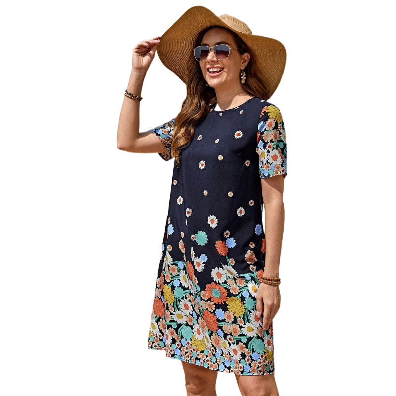Dame Floralprint Shift Kjole med korte ærmer Stilla