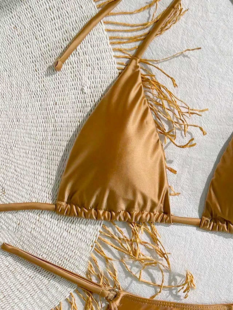 Dame triangel-bikini med elegante frynser og justerbare bånd Skovae