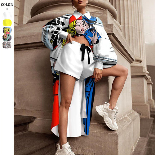 Dame Ternet Oversized-Skjortejakke med fashionabelt Print og Shorts Stilla