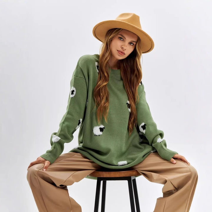 Dame strikpullover med legende fåredesign og afslappet oversized pasform Stilla