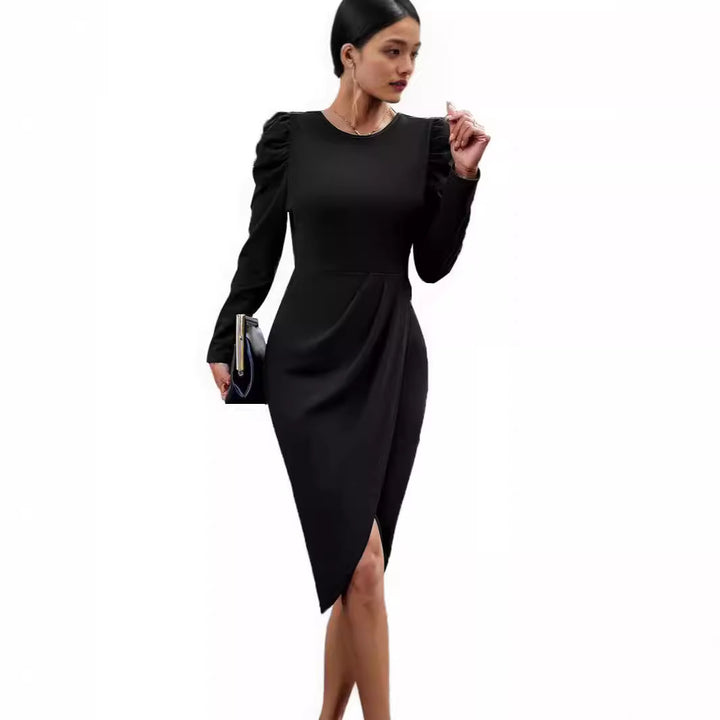 Dame elegant vinklekjole med puffærmer og asymmetrisk søm Stilla