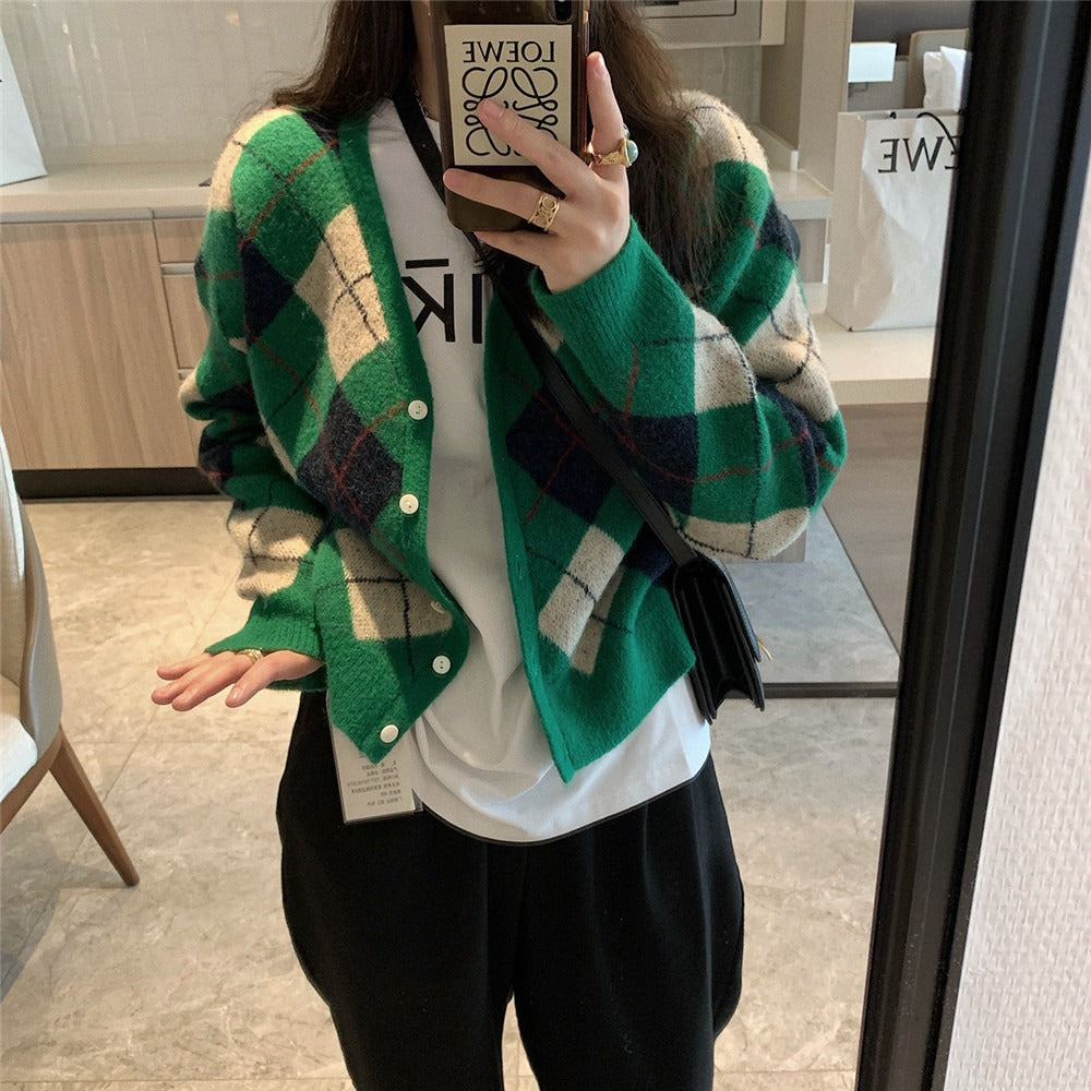 Femme Artistic Argyle Strikcardigan Stilla