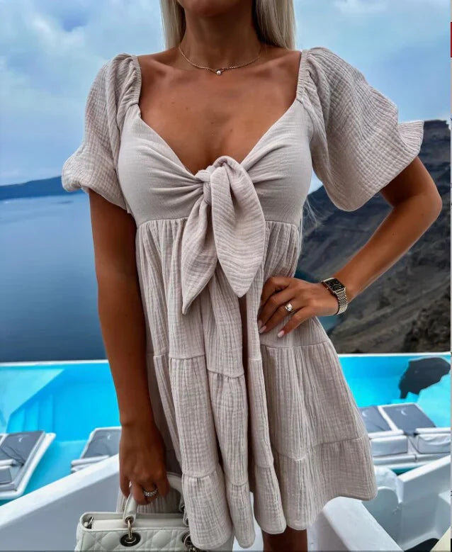 Stilla | Glamorøs Sommermode Knyttede Ærmelærredkjole