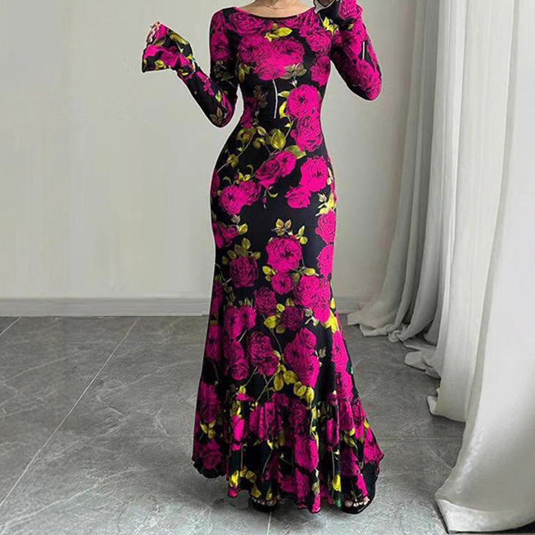 Kvinder Elegant Maxi Kjole med Blomster Rynke Detaljer og Lange Ærmer Stilla